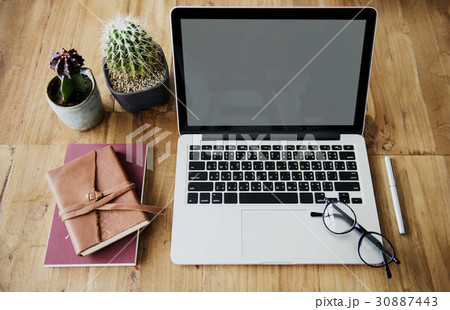 Laptop Digital Device Copy Space Workplace Aerial View 30887443