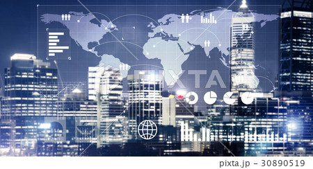 Financial consulting and analytics concept with infographs on screen and cityscape at background Financial consulting and analytics concept with infographs on screen and cityscape at background 30890519