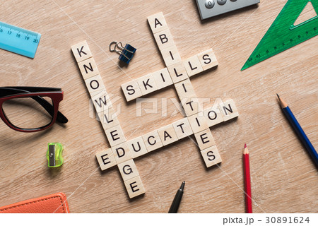 Conceptual keywords on wooden table with elements of game making crossword 30891624