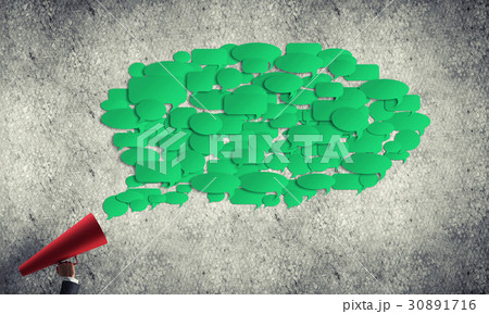 Hand of businesswoman holding red paper trumpet and speech cloud Hand of businesswoman holding red paper trumpet and speech cloud 30891716