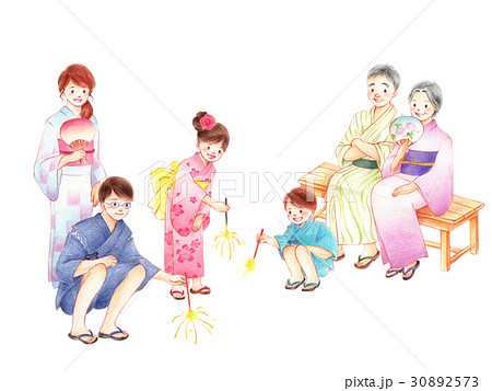 花火をする三世代家族 白背景のイラスト素材