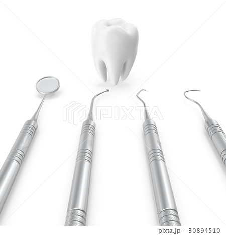 Dental set, mirror, probe, with tooth, concept Dental set, mirror, probe, with tooth, concept 30894510