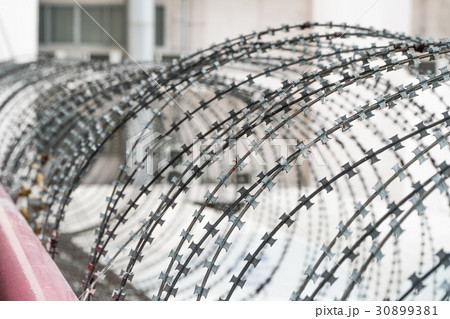 Barbed wire fence against the blue sky 30899381
