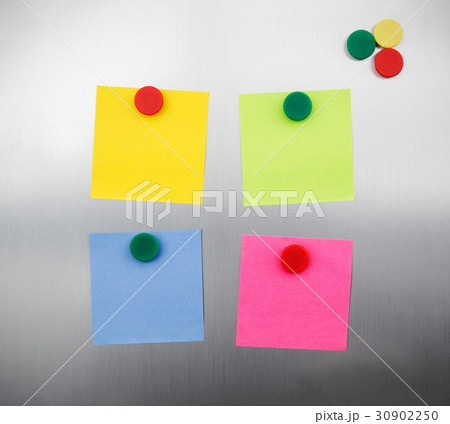 Coloured notes and magnets on inox metallic fridge Coloured notes and magnets on inox metallic fridge 30902250