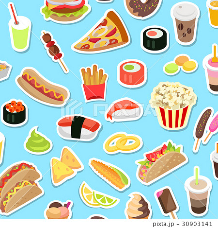 Fast And Junk Kinds Of Food Scattered On Blueのイラスト素材