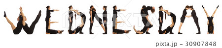 Black dressed people forming word WEDNESDAY 30907848