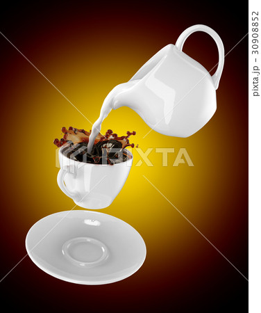 Milk being poured into small cup of coffee. 3d Milk being poured into small cup of coffee. 3d 30908852