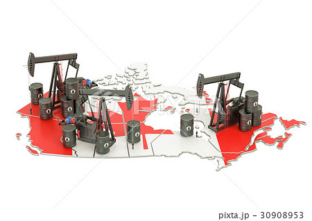 Canadian map with oil barrels and pumpjacks 30908953