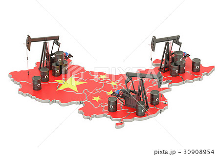 Chinese map with oil barrels and pumpjacks Chinese map with oil barrels and pumpjacks 30908954