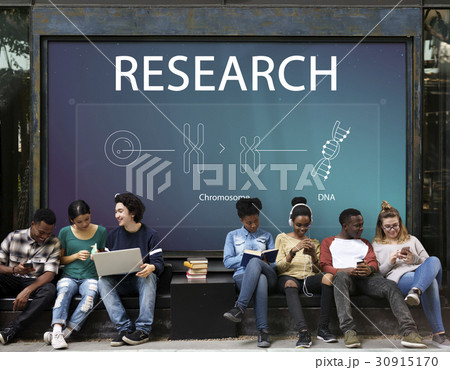 Group of students having fun using electronic devices with DNA icons 30915170