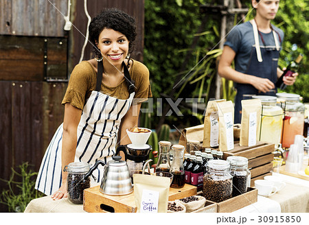 Woman with Coffee Fresh Brew Stall Shop Woman with Coffee Fresh Brew Stall Shop 30915850
