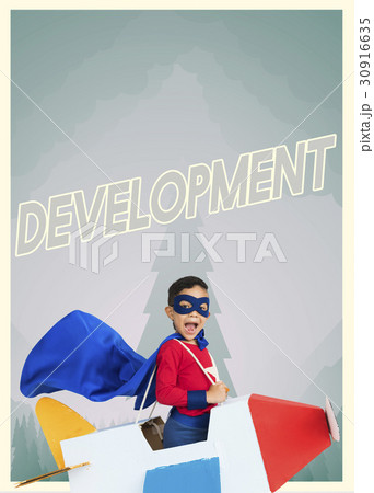 Superhero kid boy with paper plane toy and aspiration word graphic 30916635