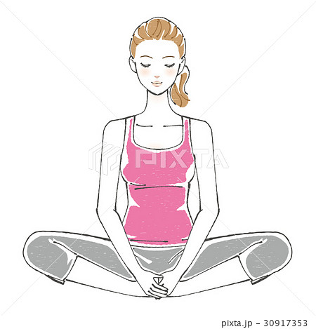 下半身 ストレッチ 足の裏を合わせて座る女性 のイラスト素材
