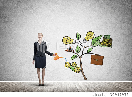 Young businesswoman in empty room watering drawn growth concept with can Young businesswoman in empty room watering drawn growth concept with can 30917935
