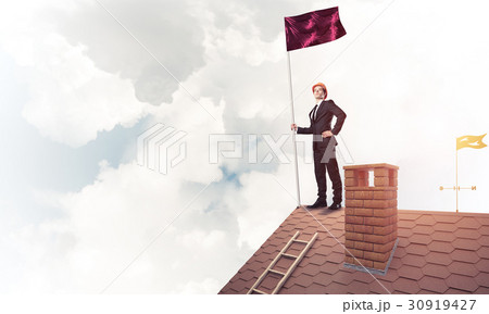 Young businessman with flag presenting concept of leadership. Mi Young businessman with flag presenting concept of leadership. Mi 30919427