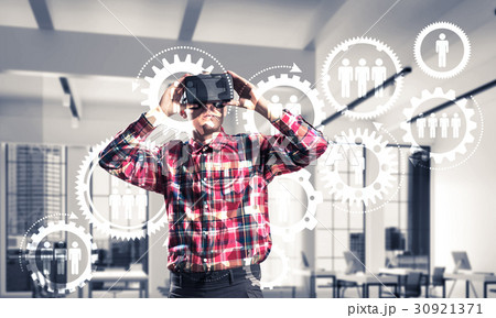 Guy wearing checked shirt and virtual mask demonstrating some emotions 30921371