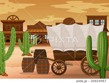 Western Town Scene With Wooden Wagonのイラスト素材