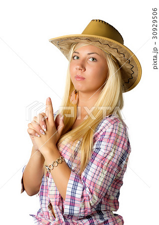Attractive young woman in cowboy dress and hat Attractive young woman in cowboy dress and hat 30929506
