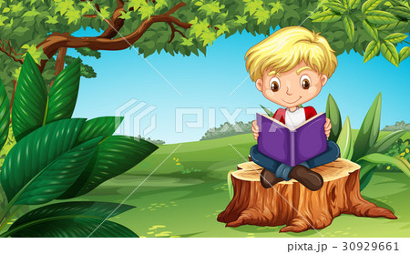 Cute boy reading book in park 30929661