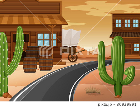 Western Town With Buildings And Cactusのイラスト素材