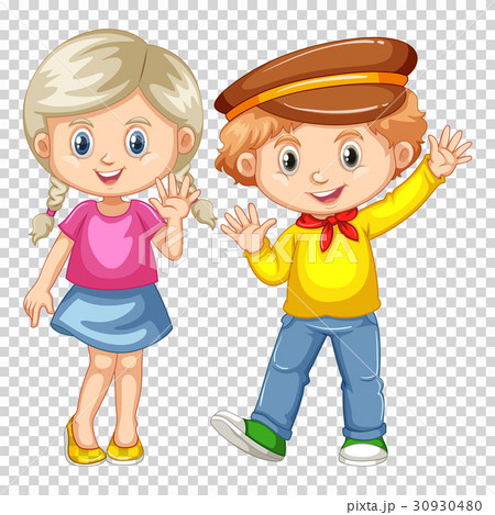 Happy boy and girl waving 30930480