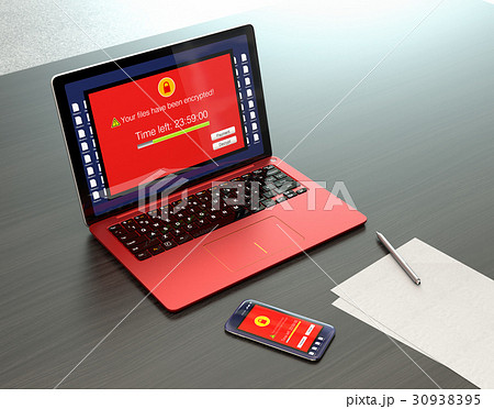 ランサムウェア被害を受けたノートPC、スマートフォン画面のイメージ 30938395