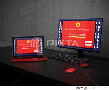 ランサムウェア被害を受けたデスクトップ、ノートPC、スマートフォン画面のイメージ 30938398