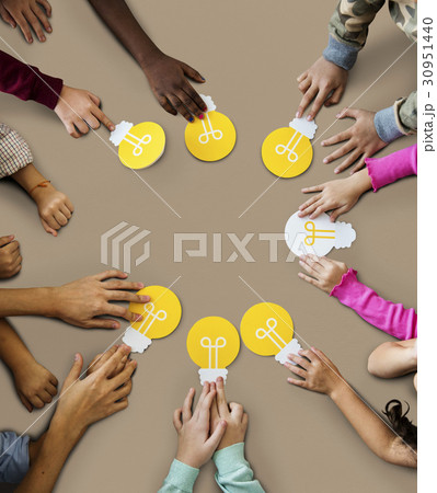 Aerial group of kids hands holding light bulb icon 30951440
