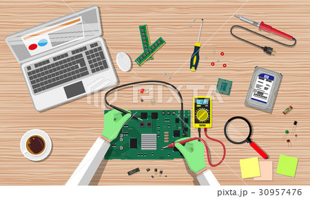Engineer with multimeter check electronic board Engineer with multimeter check electronic board 30957476