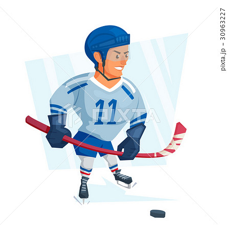Cartoon Ice hockey player in blue uniform. 30963227