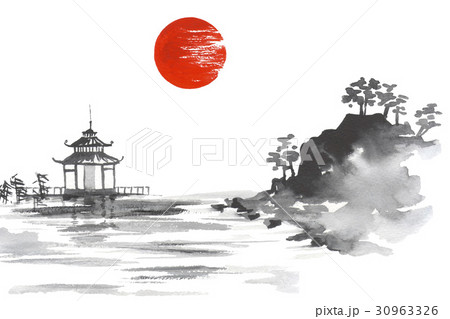 Japan Traditional japanese painting Sumi-e art Sun Japan Traditional japanese painting Sumi-e art Sun 30963326