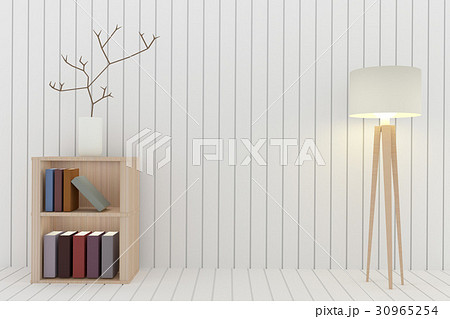 bookshelf with lamp decoration in white room bookshelf with lamp decoration in white room 30965254
