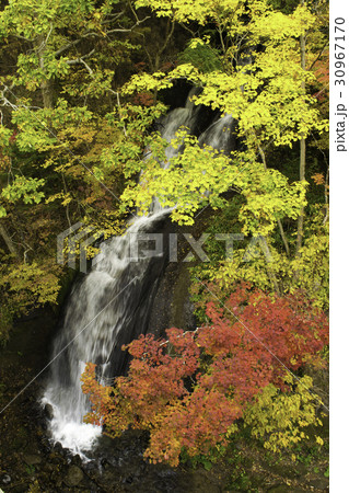 滝と紅葉 恵庭渓谷の写真素材