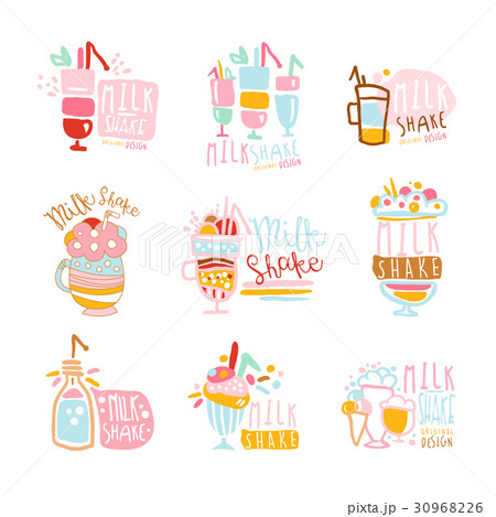 Milk Shake Labels Set Colorful Hand Drawn Vectorのイラスト素材
