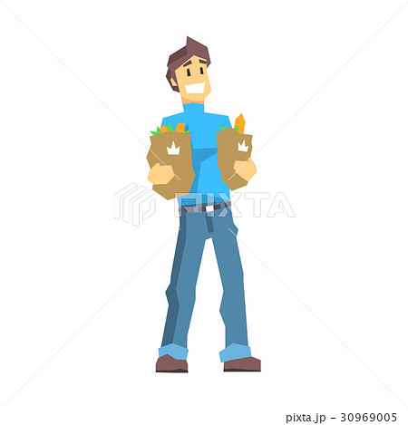 Young man carrying two bags with food products 30969005