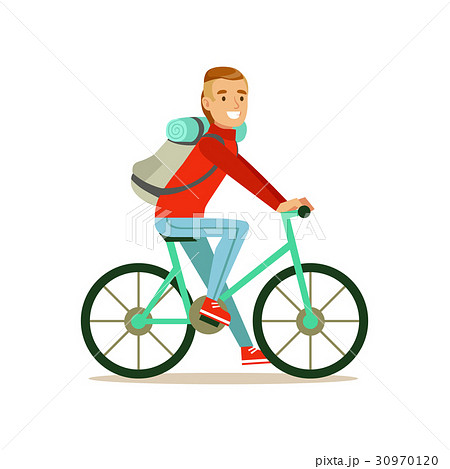 Bicyclist traveler with backpack riding a bikeのイラスト素材 