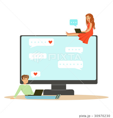 Young man and woman sitting on a big computer and 30970230