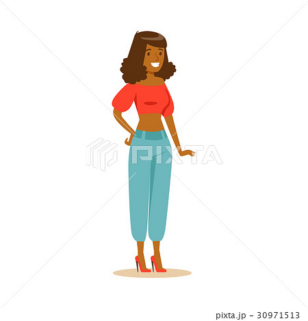 Casual dark skinned woman standing. Colorful Casual dark skinned woman standing. Colorful 30971513