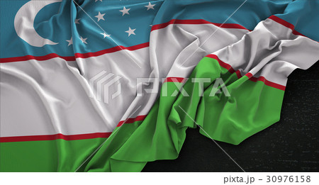 Uzbekistan Flag Wrinkled On Dark Background 30976158