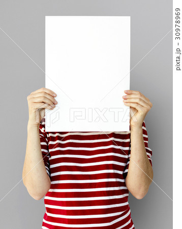 Adult Woman Hands Hold Blank Paper Board Copy Space 30978969