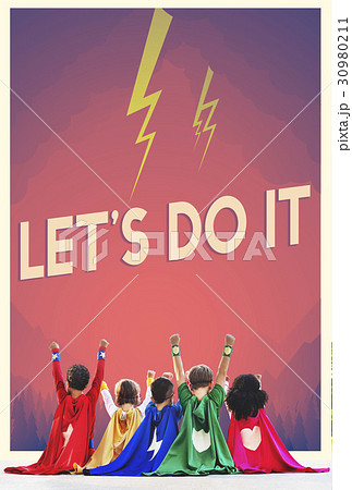 Group of superheroes kids with aspiration word graphic 30980211