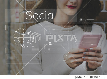 Woman connected with global communications network by mobile phone Woman connected with global communications network by mobile phone 30981498
