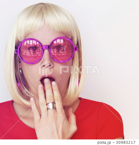 Woman Wearing Blonde Hair Wig Surprise Face Expresssion Studio Portrait Woman Wearing Blonde Hair Wig Surprise Face Expresssion Studio Portrait 30983217