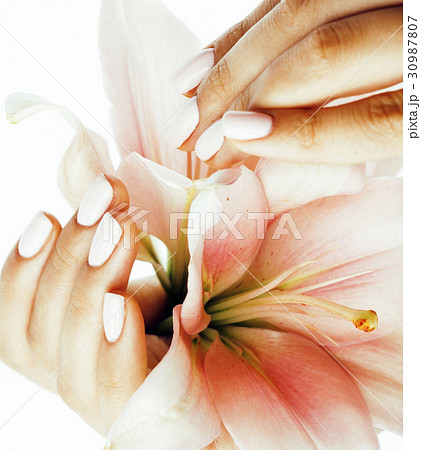 beauty delicate hands with manicure holding flower beauty delicate hands with manicure holding flower 30987807