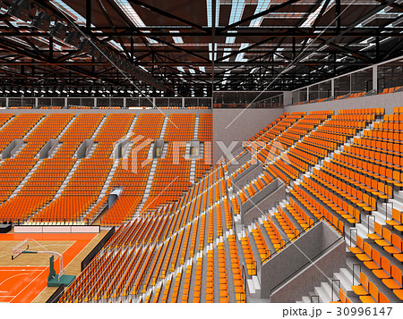 Large modern basketball arena with orange seats Large modern basketball arena with orange seats 30996147