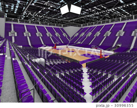 Large modern basketball arena with purple seats 30996355