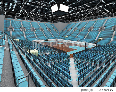 Beautiful basketball arena with sky blue seats 30996935