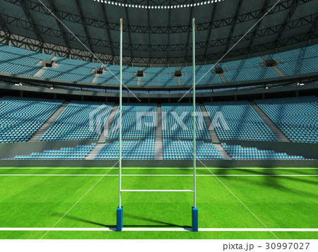 Beautiful modern rugby stadium with sky blue seats 30997027