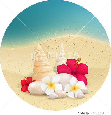 Round background with pebbles and tropical flowers Round background with pebbles and tropical flowers 30999486