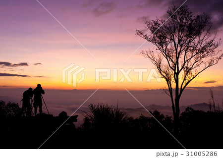 Young men silhouette taking photos about landscape 31005286